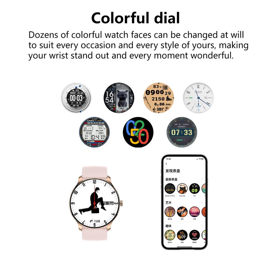 Ultra slim smart watch with colorful customizable watch faces for every occasion and style.