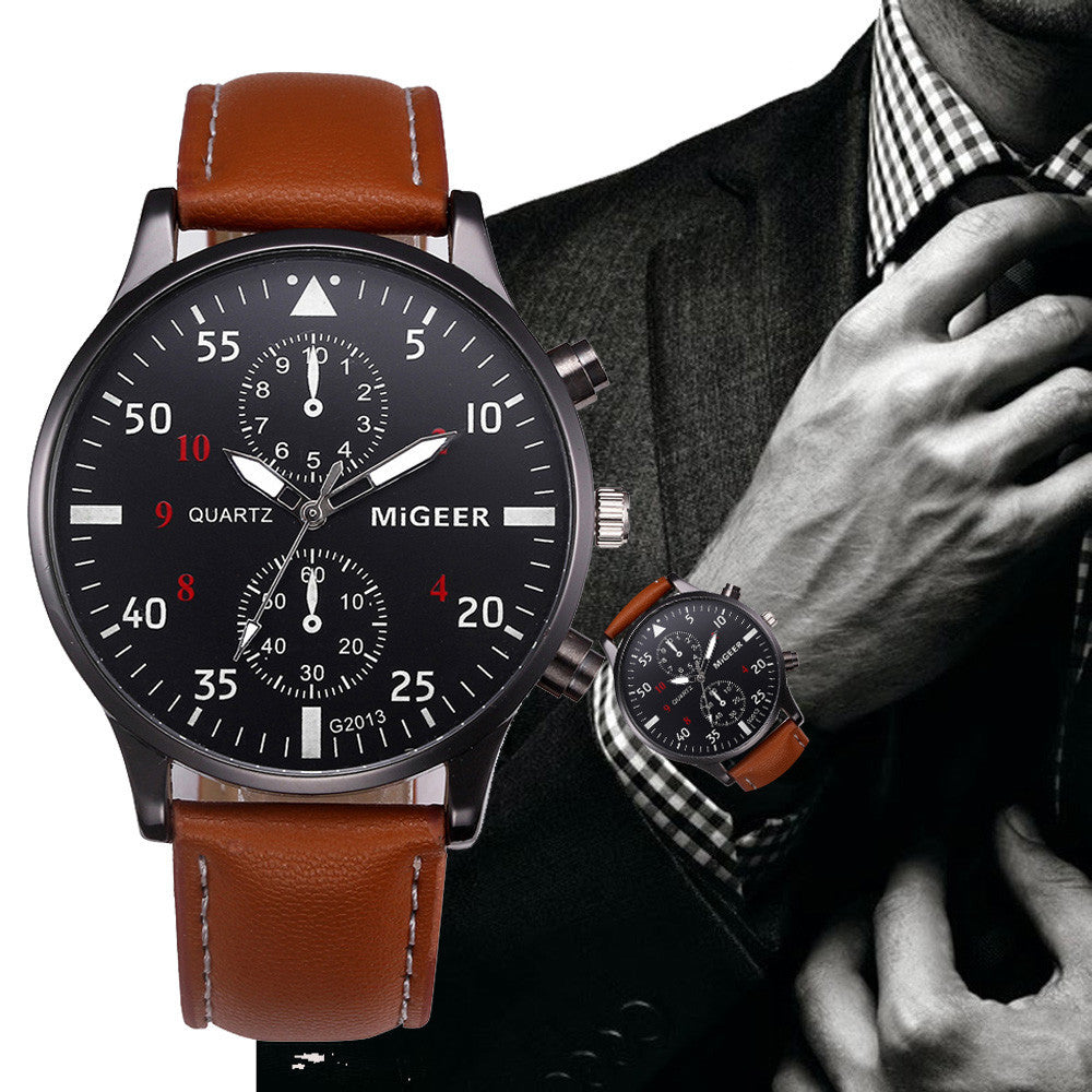 MiGEER Aviator Watch Brown Strap - 3D Close-up Black Background