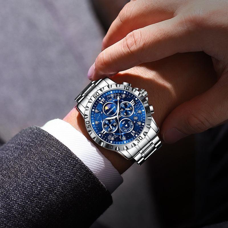 BAOSIZHE Moon Phase Watch Blue Starry Dial - Clean Black Background