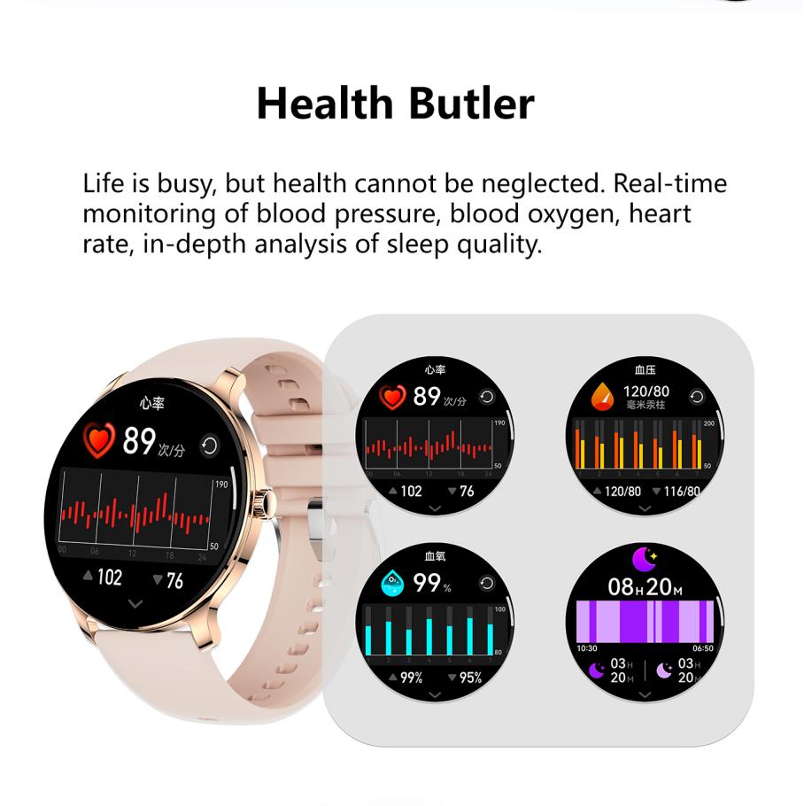 Ultra Slim Smart Watch with AMOLED screen showing health monitoring features like blood pressure and heart rate.