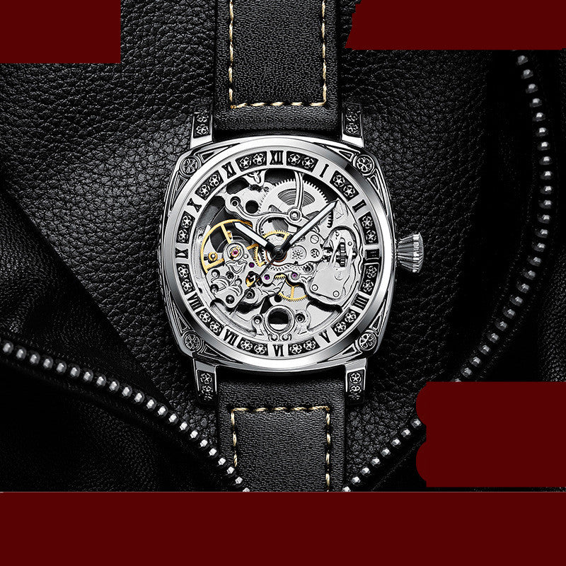 Black LuxeTyrant Original Watch showcasing mechanical movement with a stylish black leather strap.