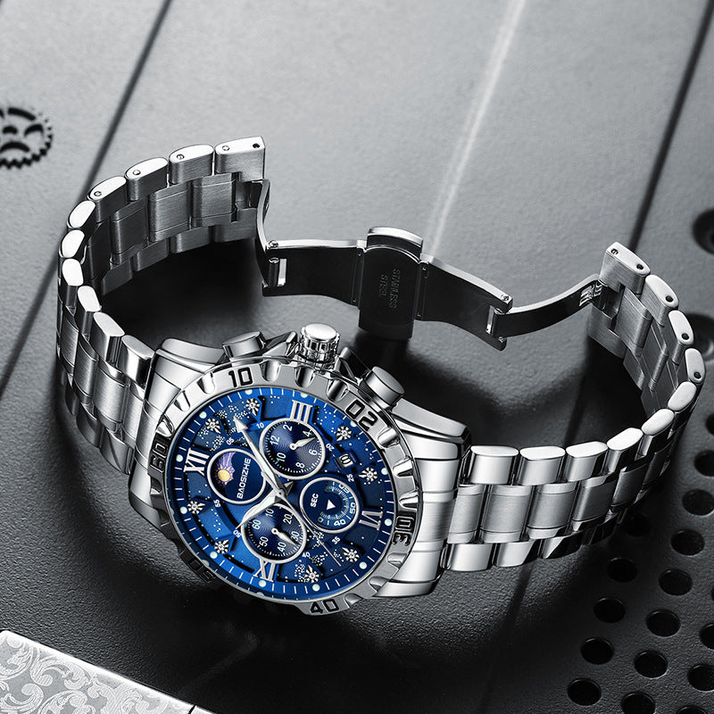 BAOSIZHE Moon Phase Watch Blue Starry Dial - Clean Black Background