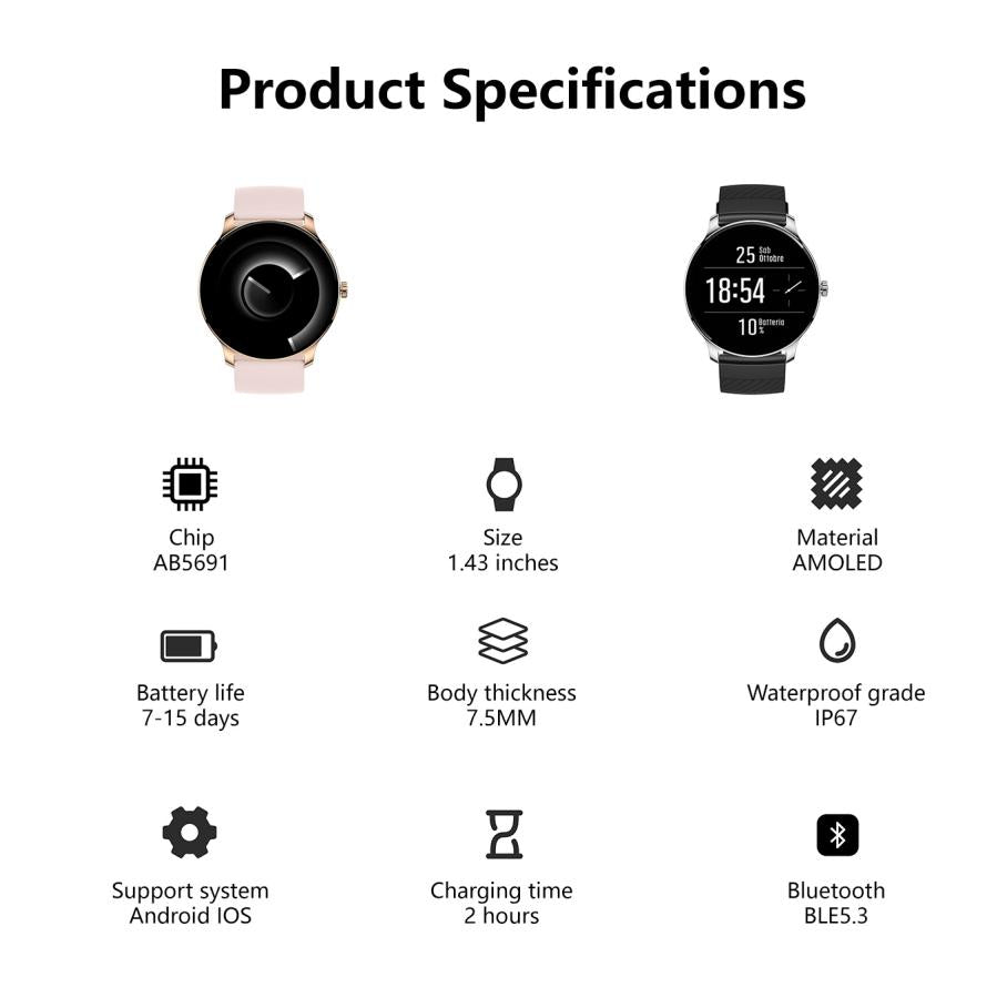 Ultra Slim Smart Watch product specifications including AMOLED screen, battery life, waterproof grade, and support for Android iOS.
