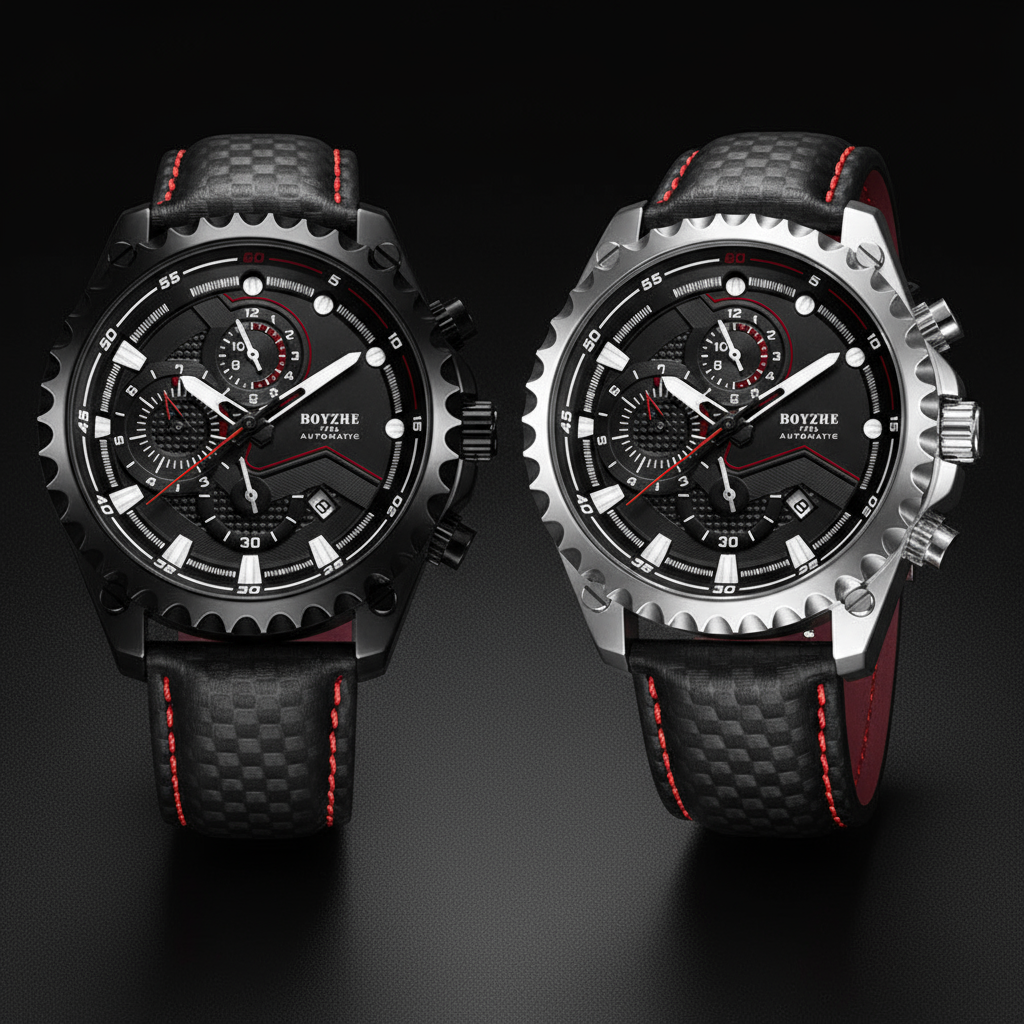 BOYZHE Tactical Watches Black and Silver - 3D Close-up Black Background