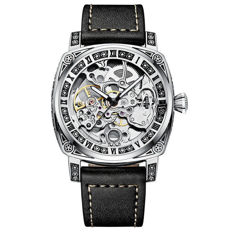 Black LuxeTyrant Original Watch with mechanical movement, black leather strap, and elegant design for men.