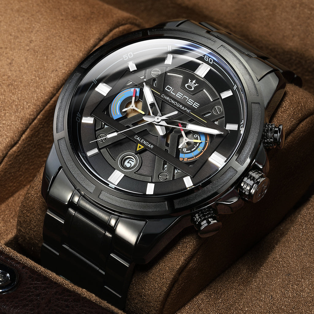 Two-tone chronograph watch with black background