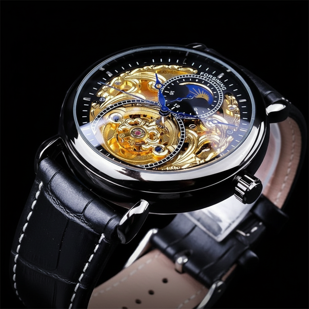 FORSINING Moon Phase Skeleton Watch - Clean Black Background