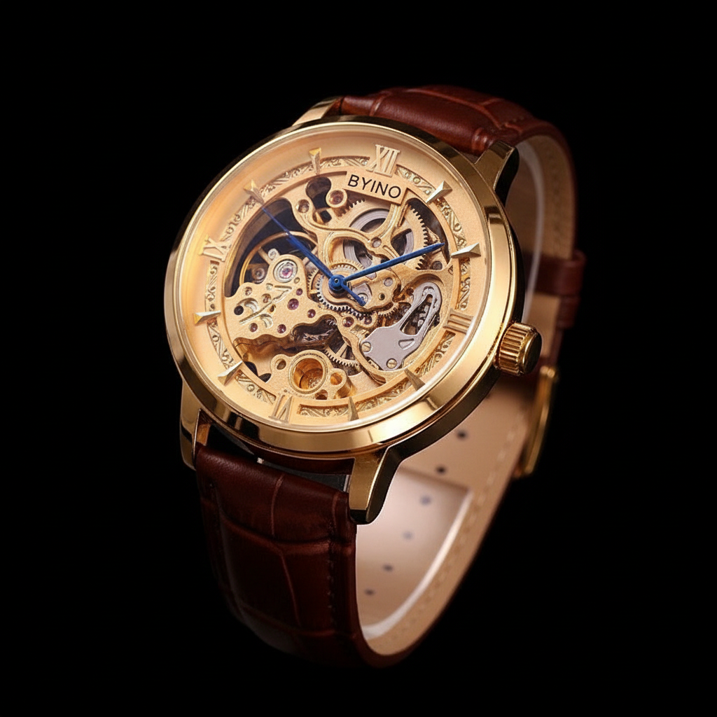 Gold skeleton watch with black background
