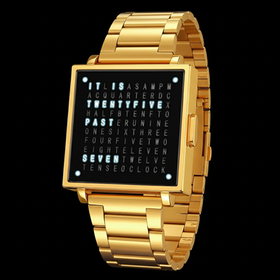 Gold Word Clock Watch - Clean Black Background