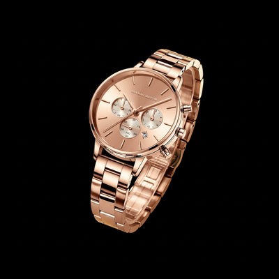 Hannah Martin Rose Gold Chronograph - 3D Close-up Black Background