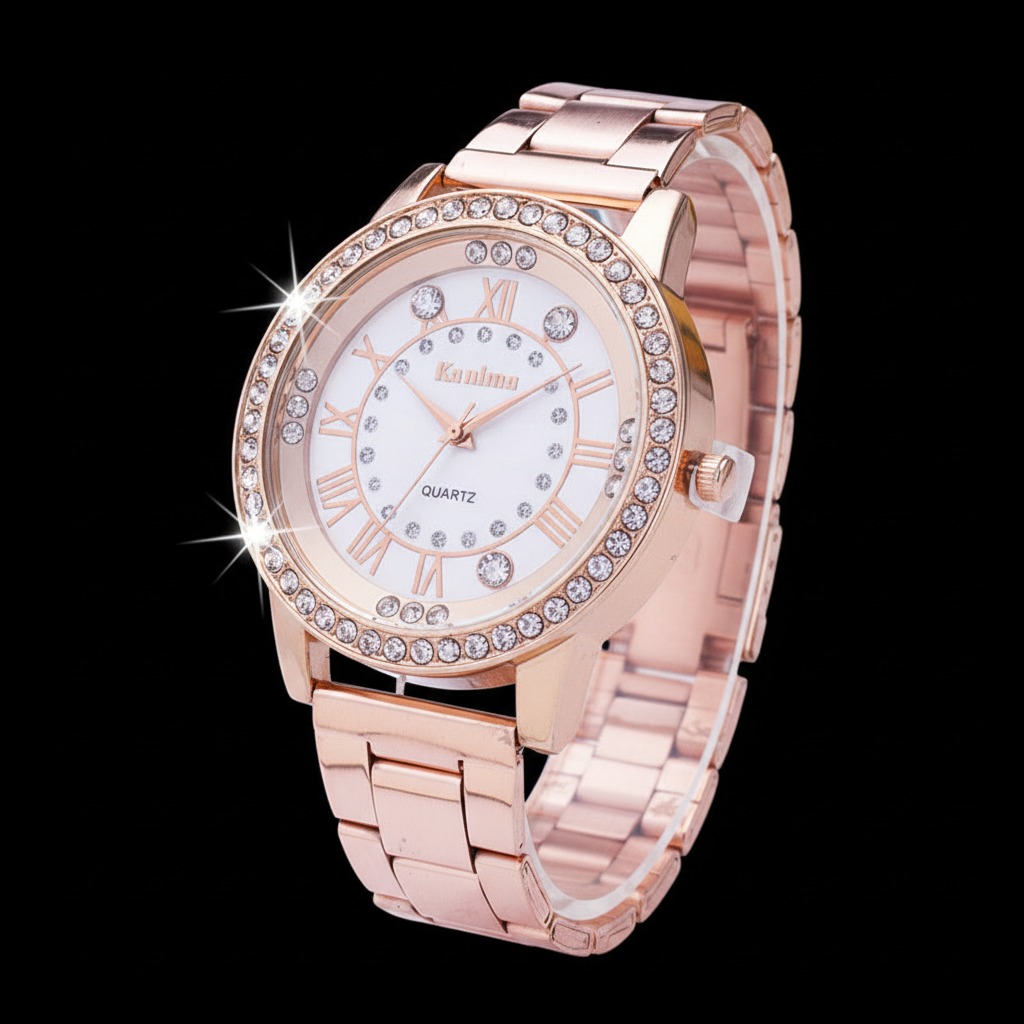 Kanima Rose Gold Crystal Watch - 3D Close-up Black Background