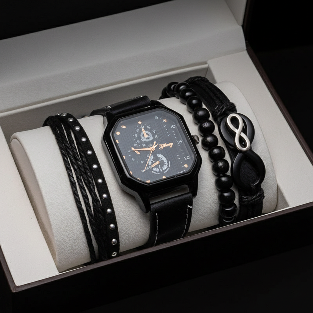 Men's Watch and Bracelet Gift Set - Clean Black Background