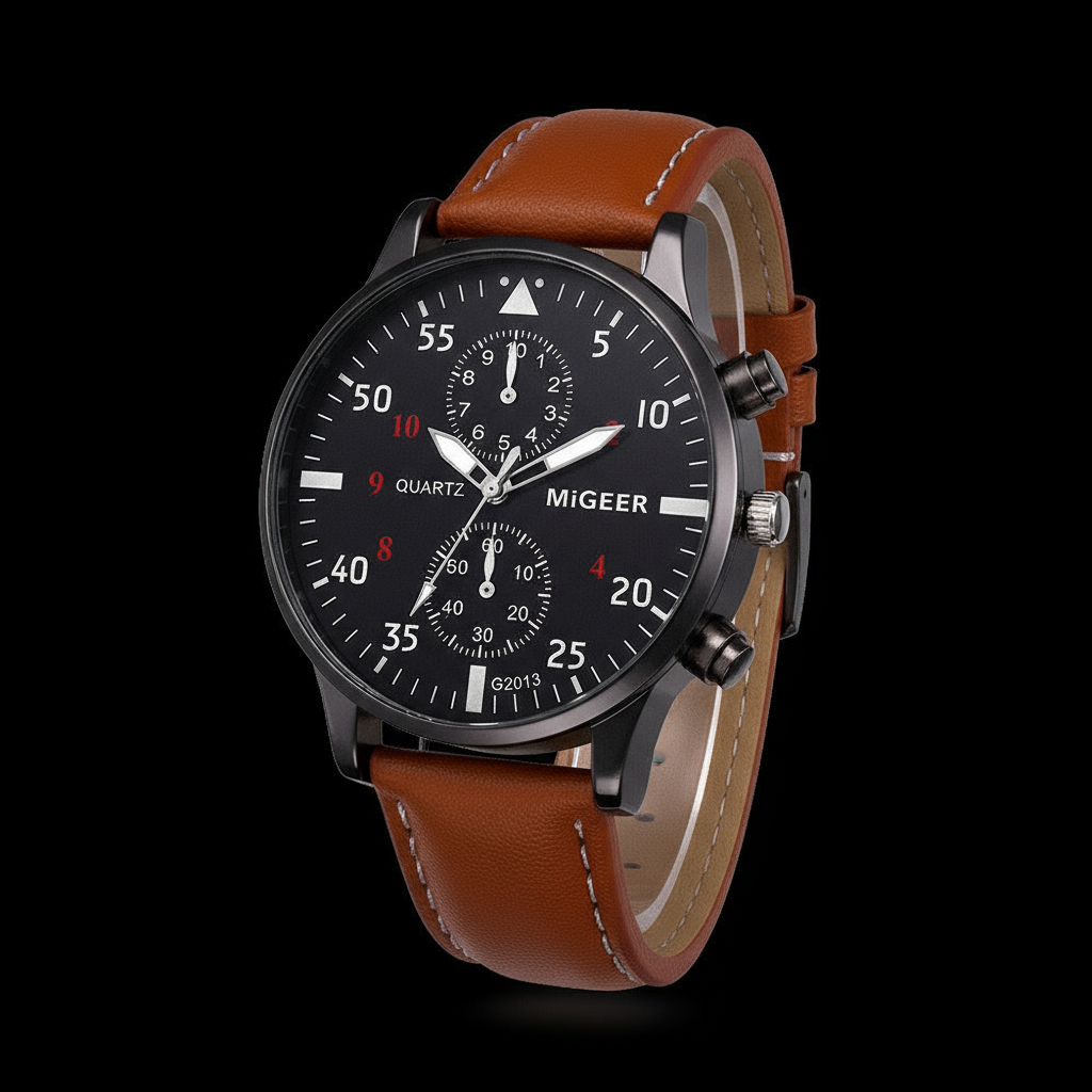 MiGEER Aviator Watch Brown Strap - 3D Close-up Black Background