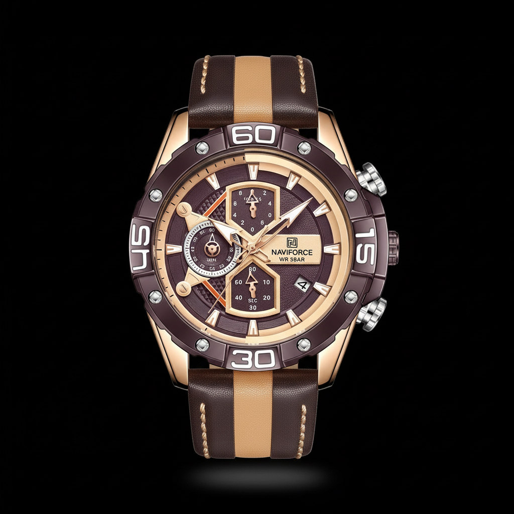 NAVIFORCE Sport Watch Rose Gold Brown - Clean Black Background