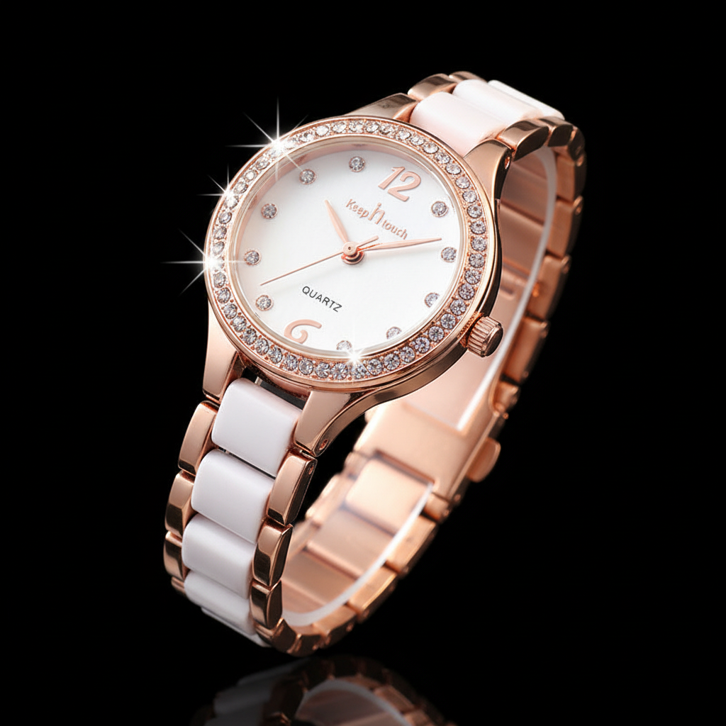 Rose Gold White Ceramic Watch - 3D Close-up Black Background