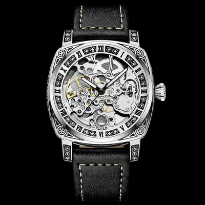Silver skeleton watch 3D render with black background