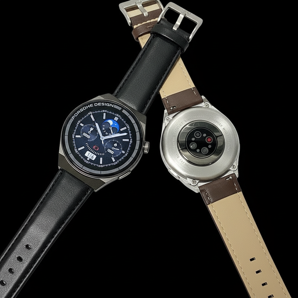 Smartwatch front and back view with black background