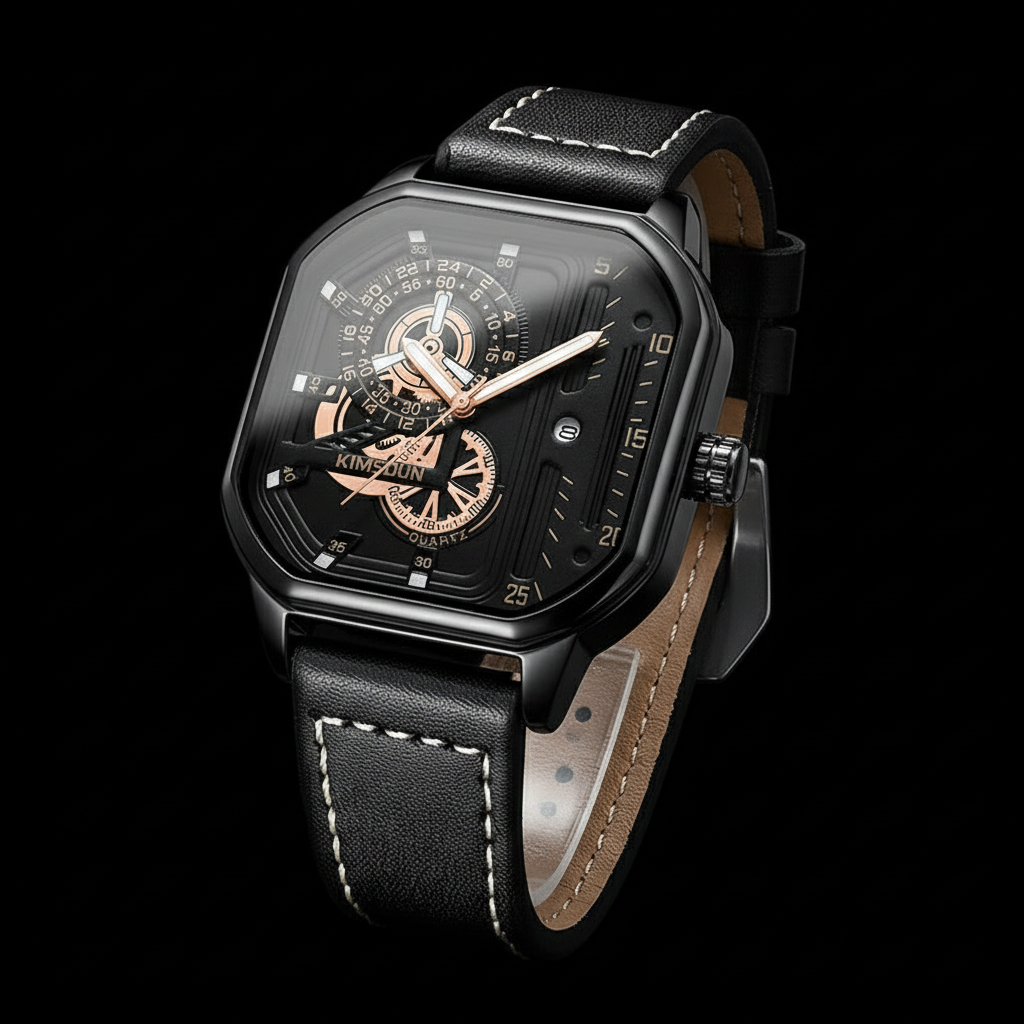 Square Skeleton Watch - Clean Black Background