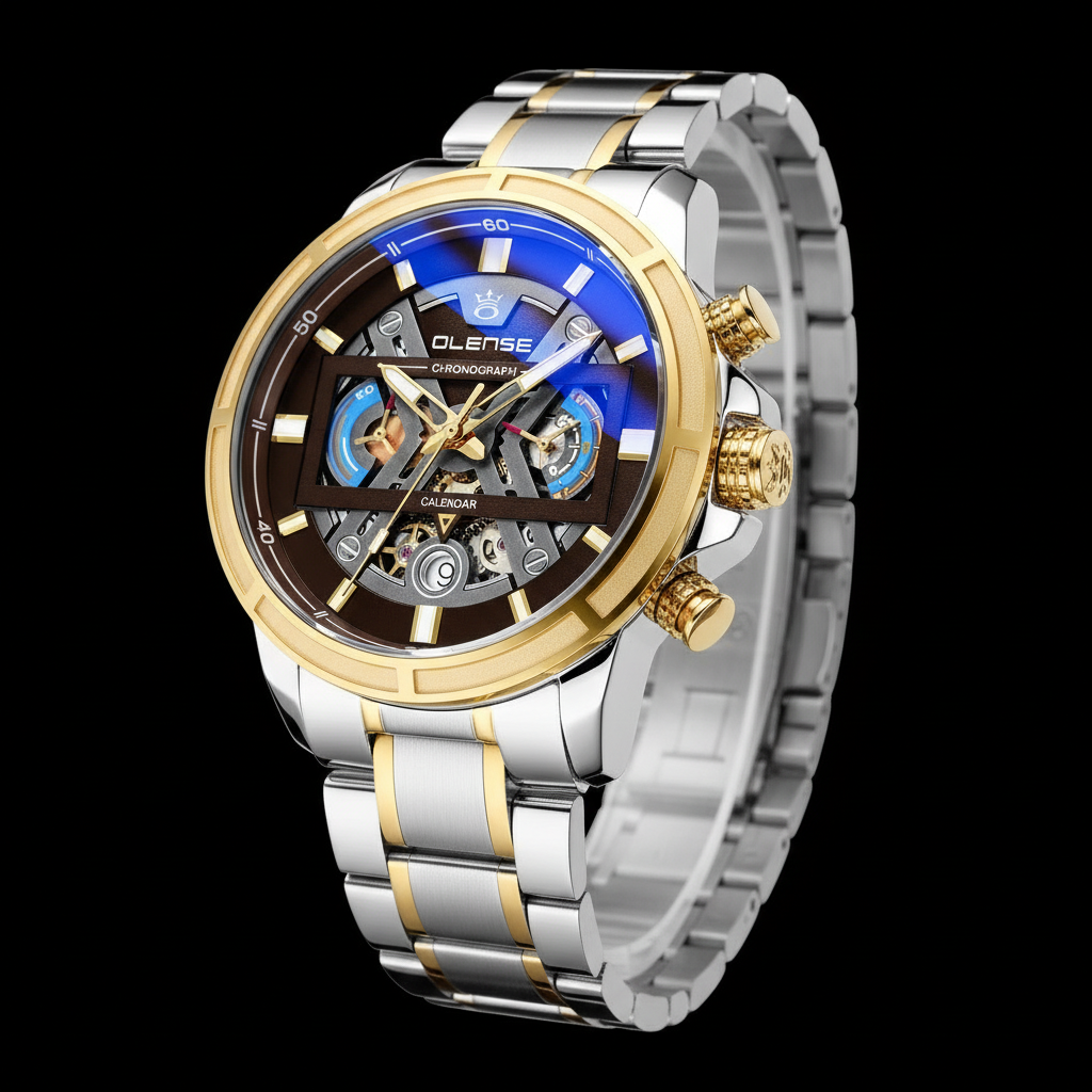 Two-tone chronograph watch with black background